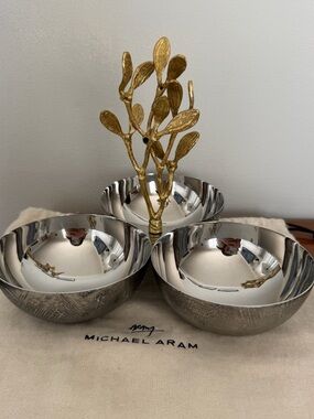 Michael Aram Silver Bowls with Gold Branch Handle Triple Server